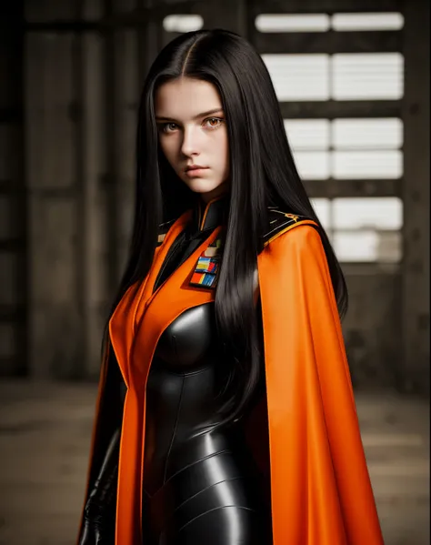 long black-haired white 17-year-old girl wear military suit, orange cape, big hazel eyes, sci-fi, dark mood, charturnerv2