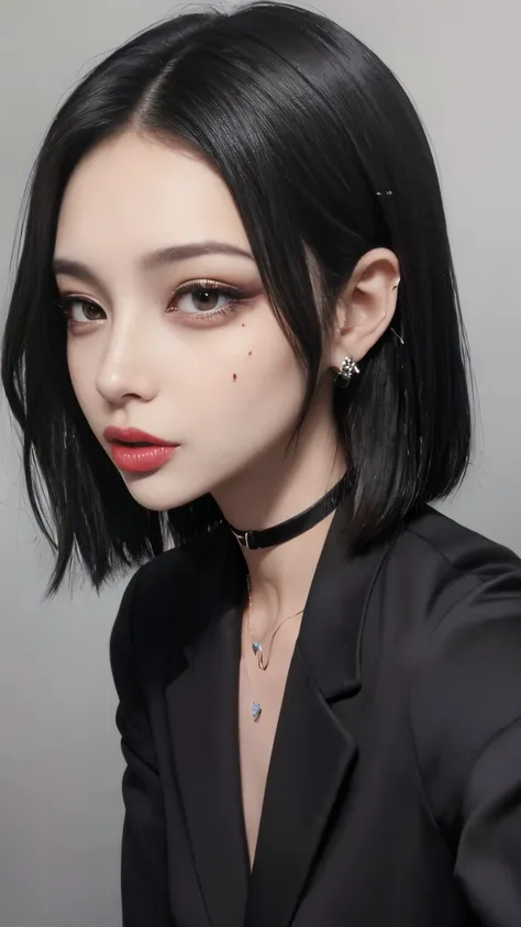 Mature young woman，Tight business suit，Slim waist, wide hips，Sandals，There are moles at the corners of the mouth，Mole at the corner of the eye on the face，Smoky makeup，Heavy makeup，Dark eyeshadow，short ear-length hair，ear jewelry，choker necklace，There&#39;...