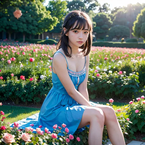 A cute girl wearing a short blue frock, sitting on the flore in a rose garden. Natural lighting. Sun light.