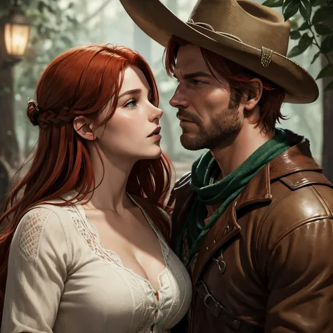 Um casal se beijando. The man is Arthur Morgan from Red Dead Redemption and the woman has red hair and green eyes.