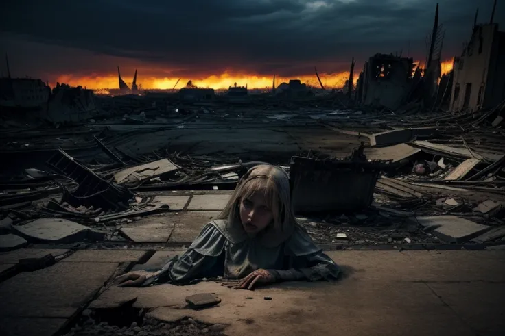 Ultra-realistic depiction of a little girl, sentado com tristeza, Agonia, ((dry tears, hidropisia e cabelos cacheados, rosto empoeirado e pano,(( A destroyed city in the background, fire, ((Human corpse on the ground)), Some people are crying, destroyed bu...