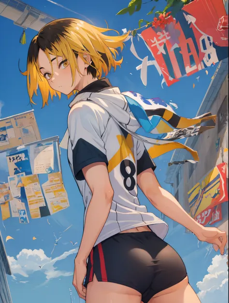 1boy, (masterpiece, top quality, best quality), upper-body, blonde hair, black hair, multi-colored hair, forehead, (gym uniform:...