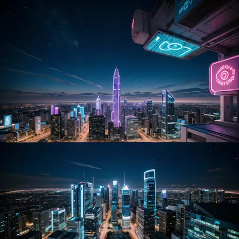 Detailed city of the future, many buildings of unusual shape, bright colors, purple, blue, cyan, neon colors