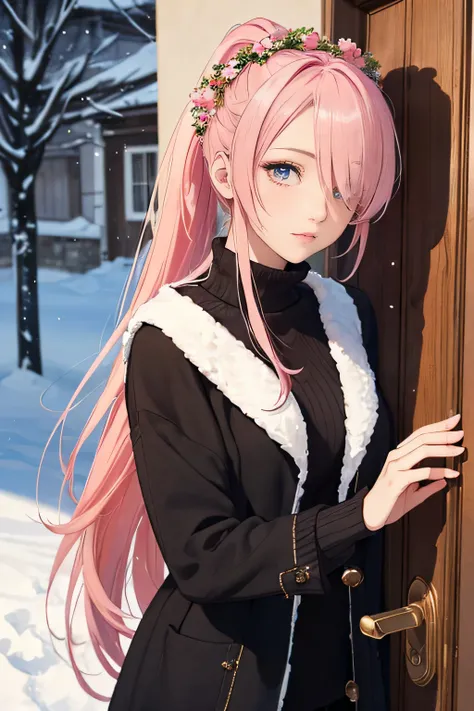 (masterpiece), (best quality), 1female standing in front of a door with a wreath, (long_ponytail pink color hair), (hair over one eye:1.21), wearing winter outfit, detailed beautiful eyes, detailed gorgeous face, perfect anatomy, perfect shading, dramatic ...