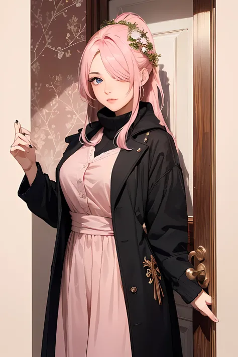 (masterpiece), (best quality), 1female standing, (long_ponytail pink color hair), (hair over one eye:1.21), door with hanging wreath ornament on the background, wearing winter outfit, detailed beautiful eyes, detailed gorgeous face, perfect anatomy, perfec...