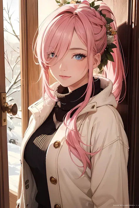 (masterpiece), (best quality), 1female standing, (long_ponytail pink color hair), (hair over one eye:1.21), door with hanging wreath ornament on the background, wearing winter outfit, detailed beautiful eyes, detailed gorgeous face, perfect anatomy, perfec...