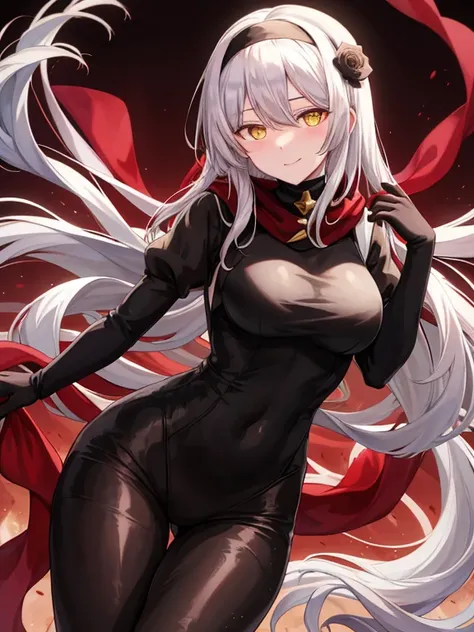 Karen Hortensia, daughter of Katamine Kirei, one girls,  with long white hair and yellow eyes, nun in black tight clothes, red scarf