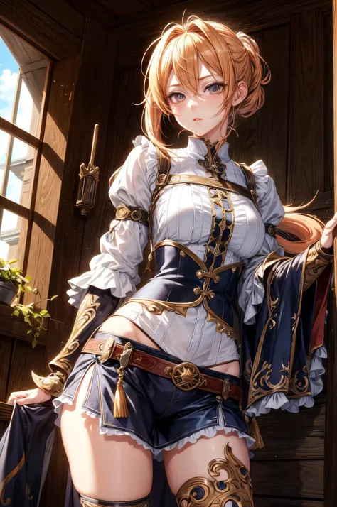 detailed anime character art, beautiful anime woman, high detailed official artwork, highly detailed exquisite fanart, blonde hair, pony tail, Hazel coloured eyes, Medieval setting