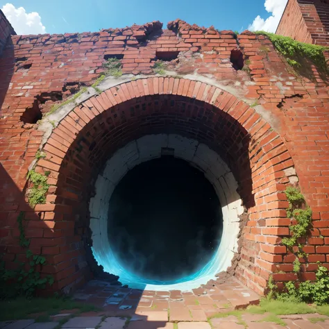 Large close-up of a wall of old red bricks. There is a large hole in the very center. a clear blue sky can be seen through the resulting hole. The wall is all wet and you can see water running down it.