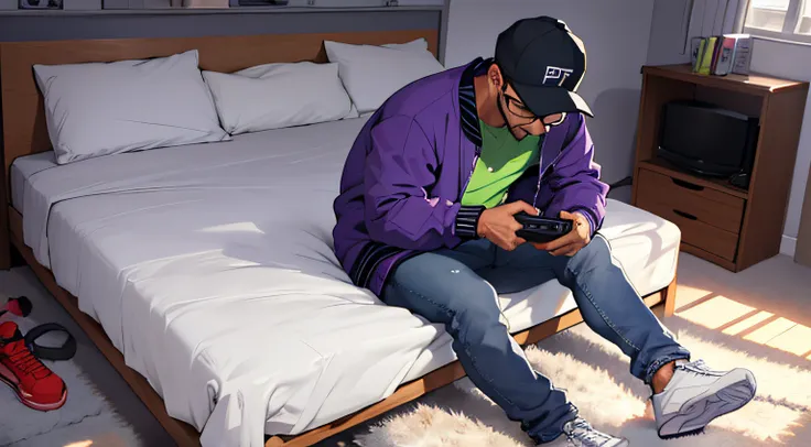 menino sentado de frente na cama, playing portable video games, cap and purple jacket, prescription glasses, tennis shoes, jeans