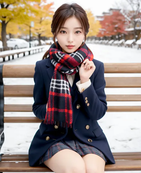 An arafi woman wearing a scarf and sitting on a park bench, korean female fashion model, Yasumoto Oka, Korean Girl, Korean Woman, elegant japanese woman, Tartan Scarf, 奈良美智, Japanese Models, scarf, japanese girl school uniform, Beautiful young Korean woman...