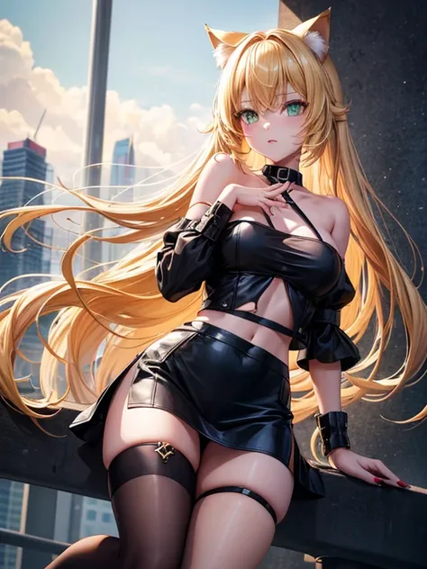 A girl, long blonde hair, large breasts, blonde pointed Neko cat ears, lime green light cat eyes, long red painted fingernails, wearing a black collar with bells, a red crop top with a deep neckline, a black short mini skirt with black tights, high  black ...