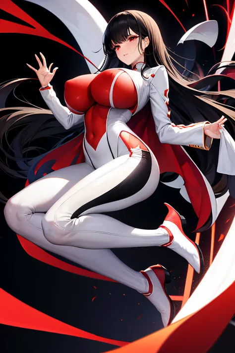 tall girl jumping, long black hair, hime cuts, milf, big tits, red eyes, tight suit, full body, white suit