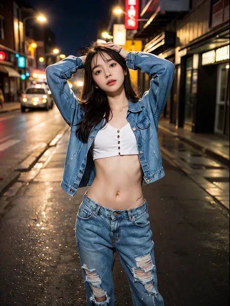 (top-quality), Realistic, (real picture, Intricate details), (Natural Skin Texture, Detailed skin, Hyper-Realism, sharpness), (Japanese college girl standing in a red light district at late night), ((put both hands behind head:1.3)), ((tight white crop top...