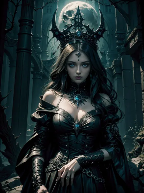 dort eine Frau in einem Kleid, who holds a skull in her hand, Gothic-Fantasy-Kunst, Beautiful Necromancer, Kunst im dunklen Fantasy-Stil, Goddess of Death, Fantasy Dunkle Kunst, Beautiful Necromancer Girl, dark fantasy art, beautiful girl-necromancer, im S...