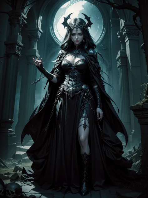 dort eine Frau in einem Kleid, who holds a skull in her hand, Gothic-Fantasy-Kunst, Beautiful Necromancer, Kunst im dunklen Fantasy-Stil, Goddess of Death, Fantasy Dunkle Kunst, Beautiful Necromancer Girl, dark fantasy art, beautiful girl-necromancer, im S...