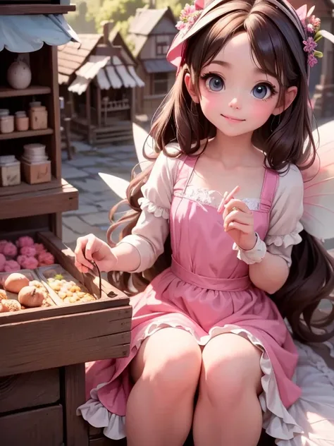 masterpiece, best auqlity, a cute ((fairy)) shopping at a market, fairy dress, fairy village