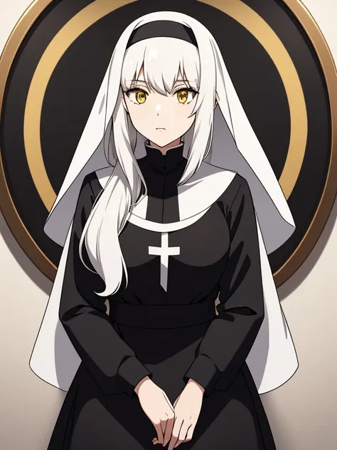 Karen Hortensia, daughter of Katamine Kirei, one girls,  with long white hair and yellow eyes, nun in black tight clothes, red scarf