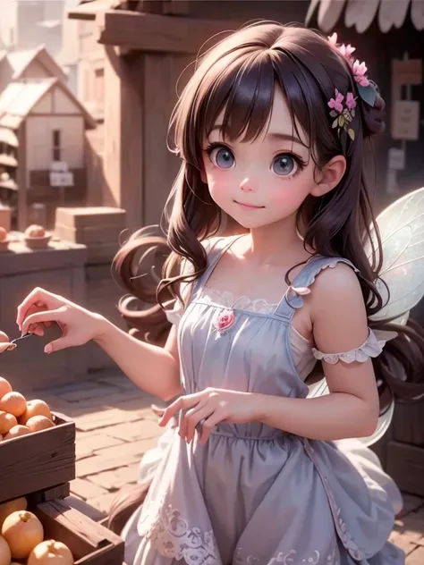 masterpiece, best auqlity, a cute ((fairy)) shopping at a market, fairy dress, fairy village, Cinematic Light, Ray tracing, Depth of field, light source contrast,