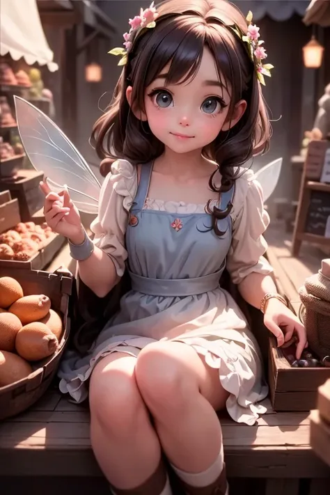 masterpiece, best auqlity, a cute ((fairy)) shopping at a market, fairy dress, fairy village, Cinematic Light, Ray tracing, Depth of field, light source contrast,