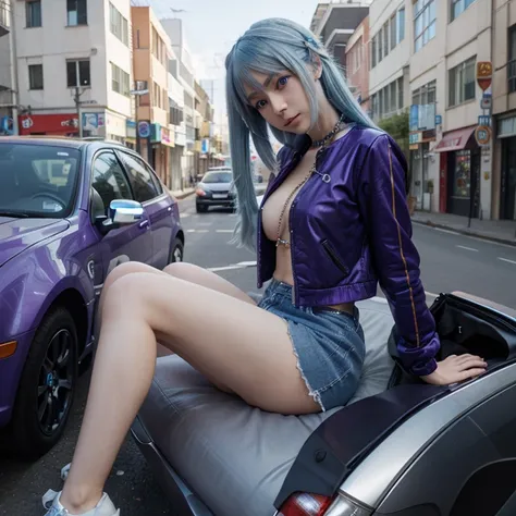 Create a 3D anime picture with a chain that says Sonna. She has long blue hair with bold purple eyes and she sits on the car