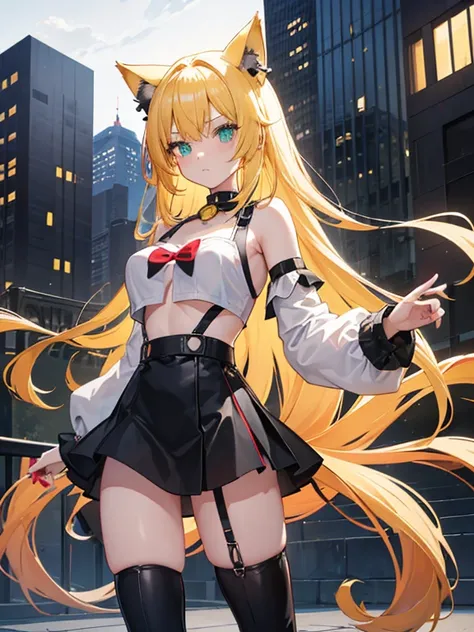 A girl, long blonde hair, large breasts, blonde pointed Neko cat ears, lime green light cat eyes, long red painted fingernails, wearing a black collar with bells, a red crop top with a deep neckline, a black short mini skirt with black tights, high  black ...