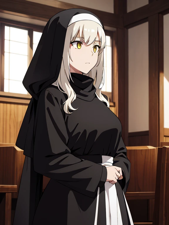 Karen Hortensia, daughter of Katamine Kirei, one girls,  with long white hair and yellow eyes, nun in black tight clothes, red scarf