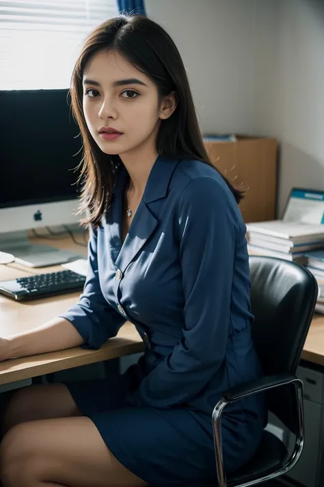 melhor qualidade, retrato busto, Delicate and serious face, cara bonita, Mulher de 28 anos, Uniforme OL azul marinho, office clothes, Scene in the office, sitting position working