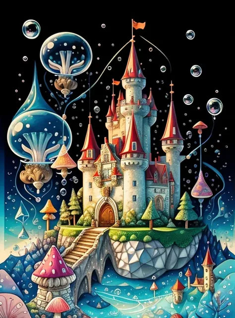 (cute castle with mushrooms and bubbles) Munchkin, Geometric multidimensional wall portrait, livro de arte, Tchibi,
Yang08k, Beautiful, Colouring,
Obras, of the highest quality, best quality, Arte Oficial, Beautiful and Aesthetic,