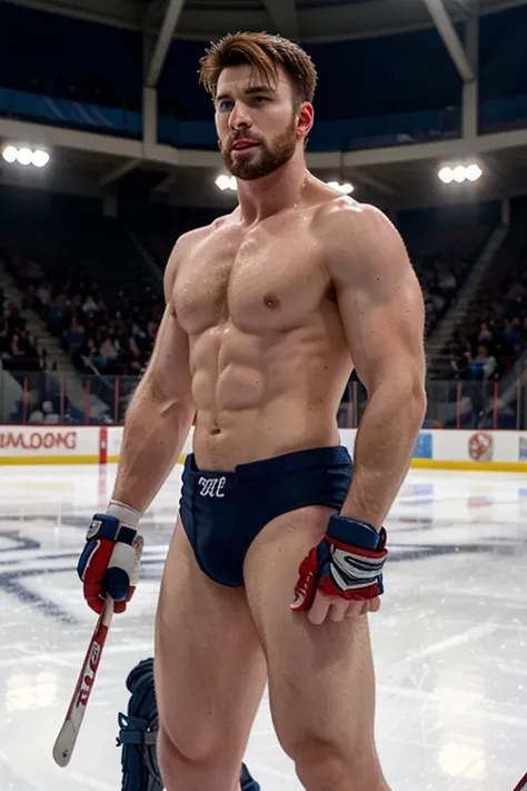 chris evans is a ice hockey player, muscular body, he is in an ice rink, looking submissive and breedable