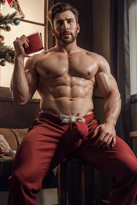 chris evans as a hot santa, muscular body, massive bulge