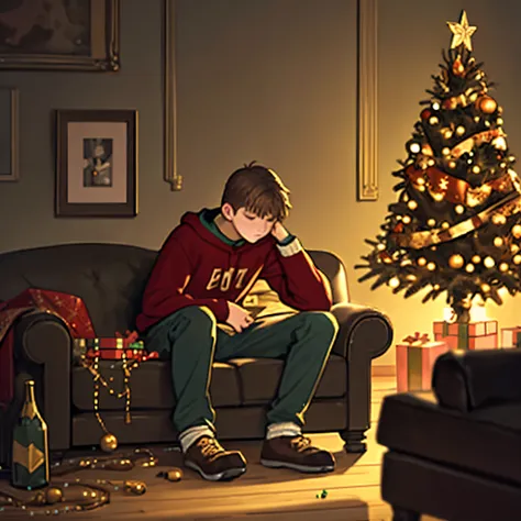 A teenager with his head down, sitting on the sofa in a room completely decorated with Christmas decorations, ambiente escuro, lit only by the decorations, atmosfera triste, Bottles on the floor, everything messed up, cinzeiros no chao