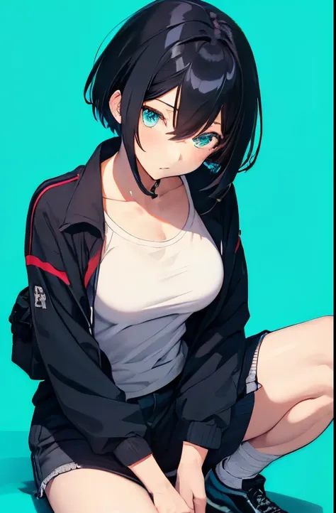 (masutepiece:1.2, Best Quality),  [1 girl in, expressioness, Turquoise eyes, jet-black hair, half short cut hair, Jacket comes off, leaning forward hands on knees ,Upper body]