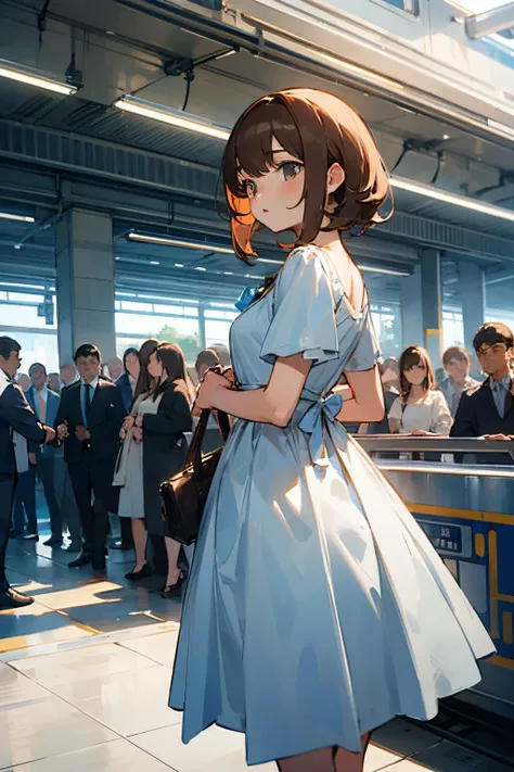 female, brown hair, white and blue dress, train station, train, crowd