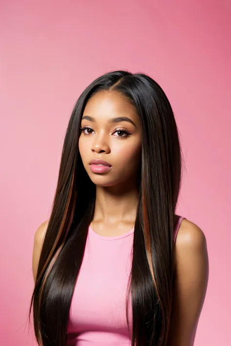 an ultra realistic half body portrait of an african american woman wearing hair extensions, with middle part brazilian wavy hair, pink backdrop.