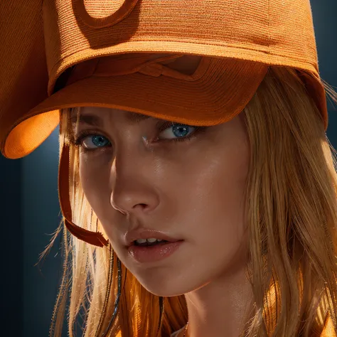 A girl wearing orange cap,blonde hair,angry expressions,blue eyes (best quality, 4k, high res, masterpiece:1.2), ultra-detailed, realistic:1.37, vivid colors.