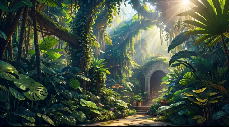 Digital illustration, Detailed and intricate, The dense jungle full of exotic plants and animals, Sunlight shines through the canopy，Produces a mottled effect. In the style of Yoshitaka Amano and Hayao Miyazaki, Masterpiece, Proportional, Detailed, trendin...