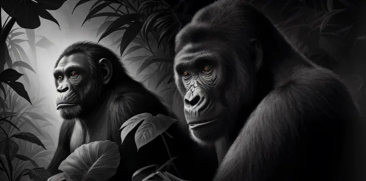 A highly-detailed realistic black and white portrait of a gorilla in the forest, standing pose, , rendered in the style of tattoo artist Randall McKeown. The illustration should be a front view pencil sketch. The white background and 8k resolution should e...