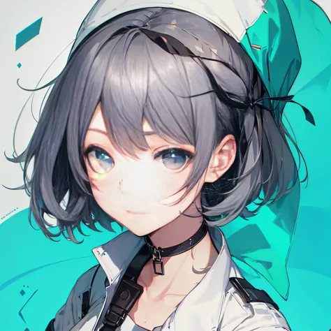 (masutepiece:1.2, Best Quality),  [1 girl in, expressioness, Turquoise eyes, jet-black hair, half short cut hair, Jacket comes off, leaning forward hands on knees ,Upper body]  (Gray white background:1.7),