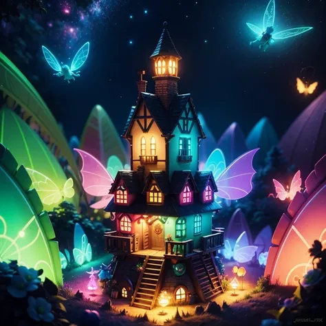 Main subject: A bunch of flying fairies, in a Fairy Village. Details: Cute colorful, digital painting, cute detailed digital art, hyper colorful, neon coloring, cute digital art, beeple colors, colorful hd picure, beeple and jeremiah ketner, glowing lights...