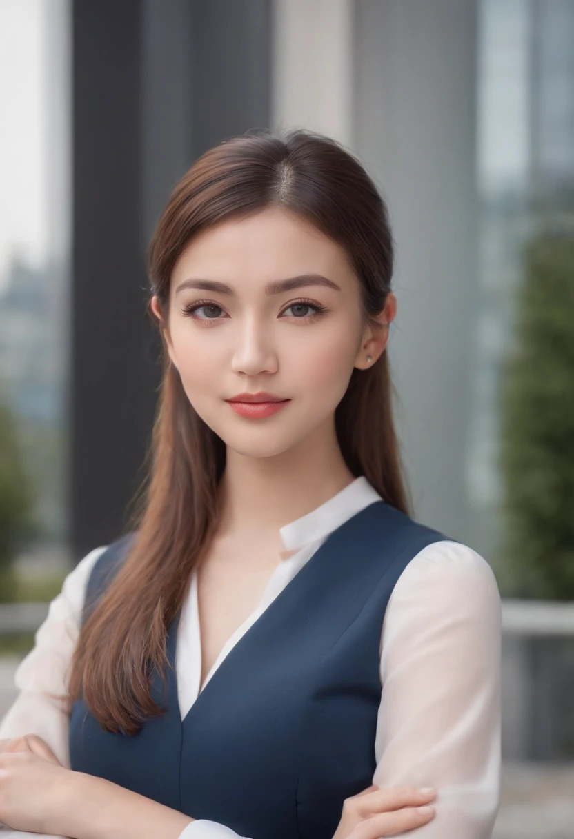 realistic 28 years old girl, front shot, corporate attire, short blue office skirt, white shirt, pony tail, HDR realistic image, dimple on right cheek, files in left hand, high stilletos, in front of corporate building, bright sunny day