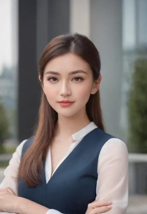 realistic 28 years old girl, front shot, corporate attire, short blue office skirt, white shirt, pony tail, HDR realistic image, dimple on right cheek, files in left hand, high stilletos, in front of corporate building, bright sunny day