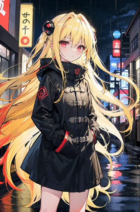 1girl, night city, rain, coat, hands in pockets, master piece, top-quality, ultra-detailliert,  8k, yellow hair, yami, 1girl, lo...