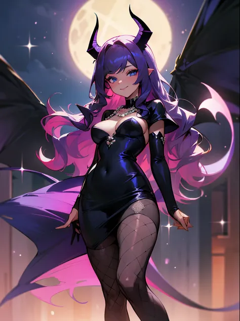 A beautiful and sexy woman with long wavy violet hair, side-swept bangs, sharp blue eyes, light skin, smile, wearing a tight sparkly black dress, fishnet stockings and pearl necklace, theres two black devil horns on her head, and she also has a black devil...