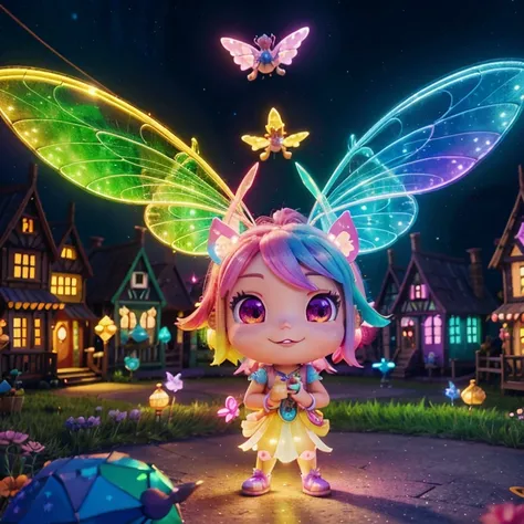 Main subject: A bunch of flying fairies, in a Fairy Village. Details: Cute colorful, digital painting, cute detailed digital art, hyper colorful, neon coloring, cute digital art, beeple colors, colorful hd picure, beeple and jeremiah ketner, glowing lights...