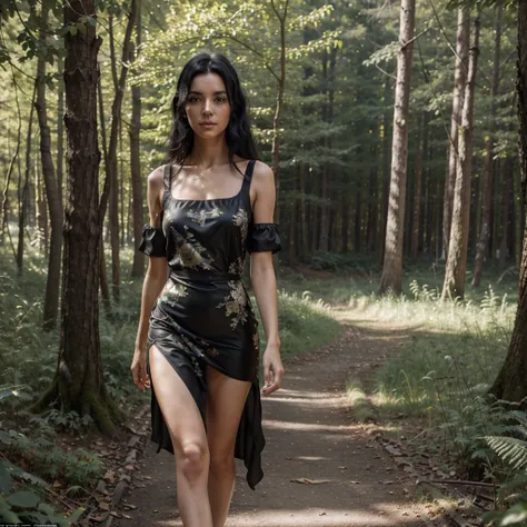 28 years Italian model, 8k, wearing tracking dress, beautiful half body, black hair, selfie iPhone 14, walking in the forest, imperfect skin, magnetic face, 8k, iper realism.