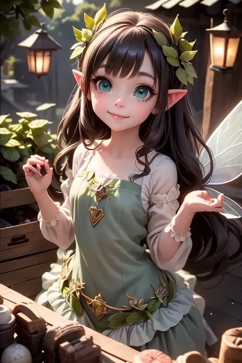 masterpiece, best quality, detailed eyes, a cute ((fairy)) smiling shopping at a market, (green eyes), (pointy ears), (fairy leafy dress), translucent fairy wings, green smokey eyes makeup, large ayelashes, fantasy magical village at nioght, night scene, m...