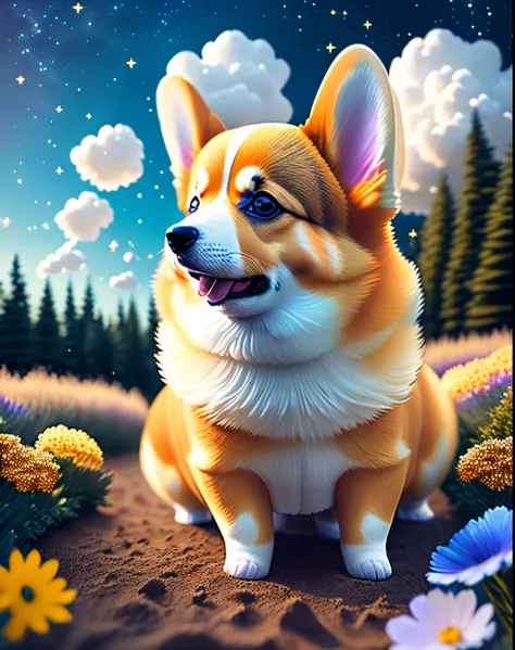 Cute Welsh Corgi, smooth fur, clouds, blue, black, gold, masterpiece, forest background, playing in the wind, raytracing, soft glow, cosmos, stars