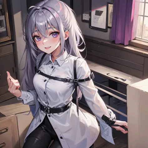 rating:safe, solo, smile, 1girl, looking_at_viewer, purple_eyes, hair_between_eyes, blush, shirt, grey_hair, sky, indoors,