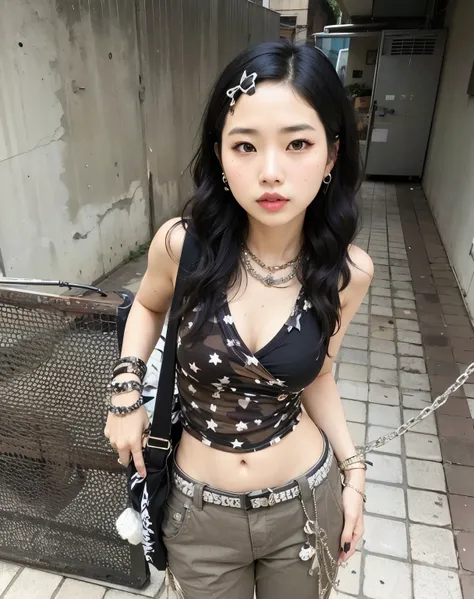 Araffe Asian woman wearing a black bra and silver bracelets., cruel korean goth girl, Chica coreana, Hermosa joven coreana, wearing a bandana and chain, Hermosa mujer surcoreana, Asian girl, Hermosa joven coreana, Heonhwa Choe, Hana Yata, Yakuza Slim Chica...